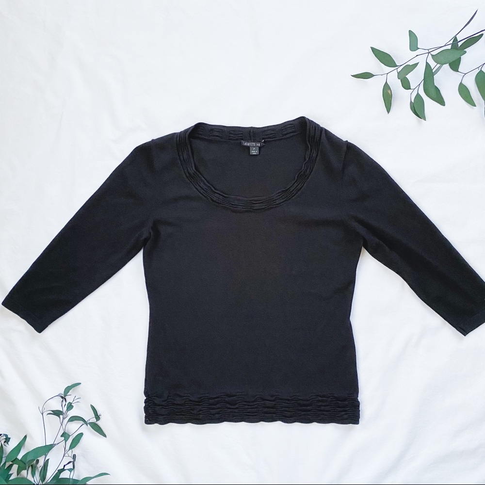 Lafayette 148 Black Short Sleeve Shirt Top Ruched Collar Neck & Bottom Hem Trim